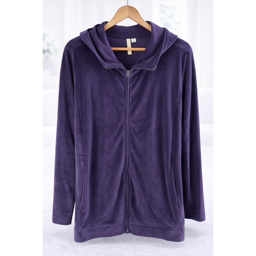 J. Jill Pure Jill Velour Jacket Full Zip Pockets Hooded Purple Plum Size 2x